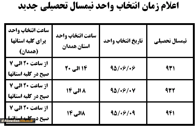 اعلام زمانبندی انتخاب واحد نیمسال اول تحصیلی سال 96-95