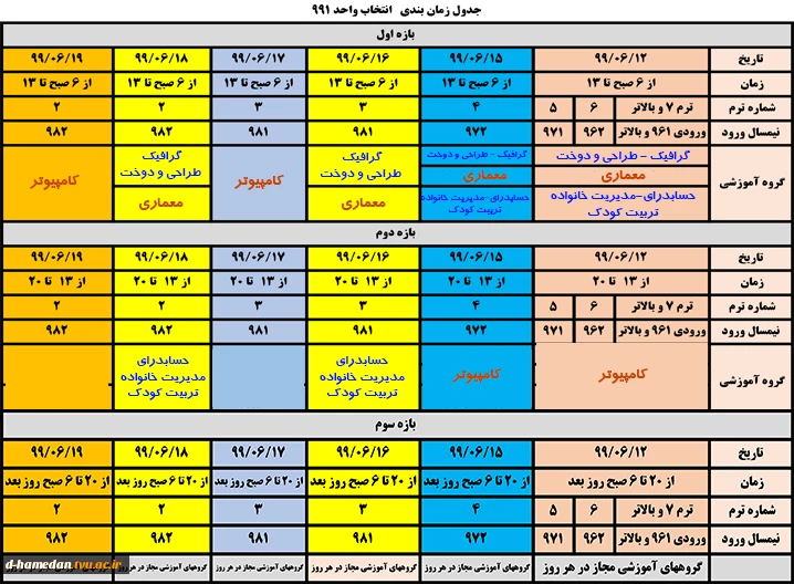 زمانبندی انتخاب واحد نیمسال 991